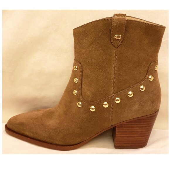 Coach Heeled Gold Studded Ankle Booties Size -9.5B Tan Leather/Suede - Picture 7 of 10
